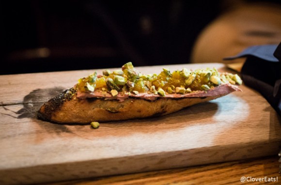 Insanely tasty chicken liver pate with apple chutney and pistachios. Probably my favorite of the night. 